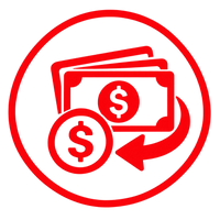 A red circular icon featuring a stack of dollar bills and a coin with dollar signs, with a curved arrow pointing clockwise, on a white background.